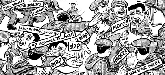 Joe Sacco retratando la brutalidad en el trato de los soldados israelíes con la población palestina. Fuente Al Jazeera.